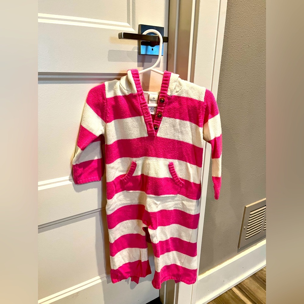 Old Navy hooded striped sweater onesie, size 12-18 months